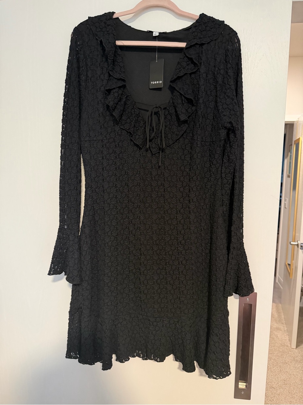 torrid Black Lace Ruffle V-Neck Long Sleeve Dress with Tie